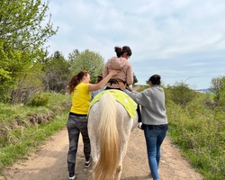 Lead a horse during a therapy for kids with disabilities 